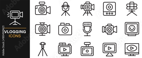 Vlogging and video content creation line icons set