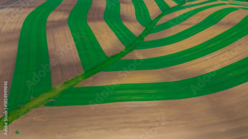 Aerial view of vibrant green crops and tilled brown soil in patterned agricultural fields.