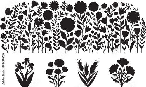 Black and white floral silhouette vector: flower garden illustration eps