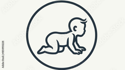Stylized Line Art Icon of a Baby Crawling Inside a Circle.