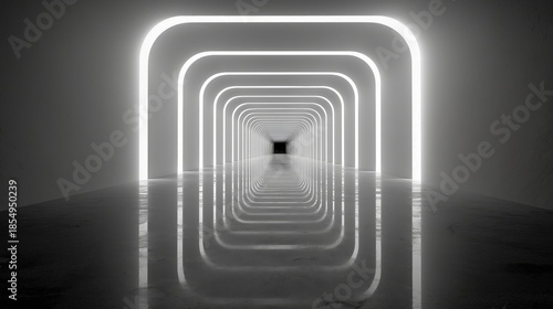 Monochrome corridor of illuminated archways recedes into a glossy vanishing point, using symmetry and reflection. Sense of infinity and calm minimalism. Strong perspective lines and repeated arches