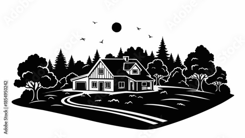 Stylized illustration of a house nestled among trees.