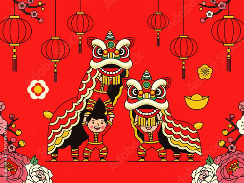 Vector flat design illustration of a Chinese lion dance performance with lanterns, flowers, and gold coins on a red background, conveying a festive and cultural mood.