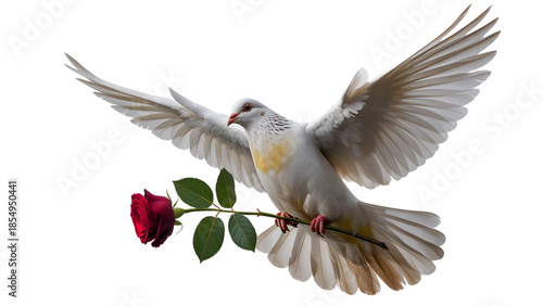 White dove flying with a red rose on transparent background