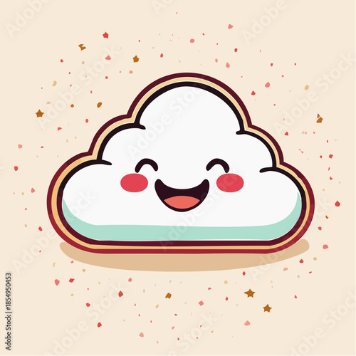 Cartoon cloud with a happy face and rosy cheeks on a beige background.
