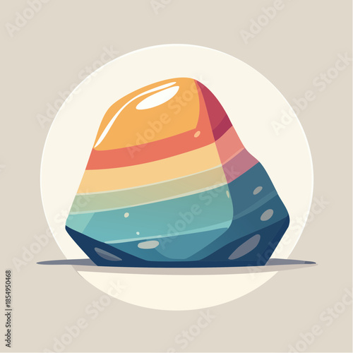 Cartoon illustration of a colorful rock with rainbow stripes on a light background.