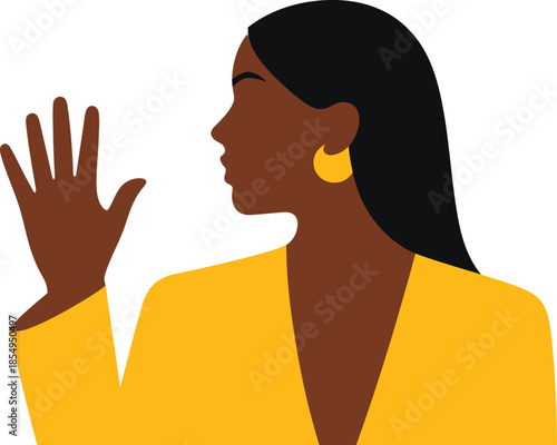 Profile silhouette of a professional Black woman raising her hand against a white background for an oath or greeting.