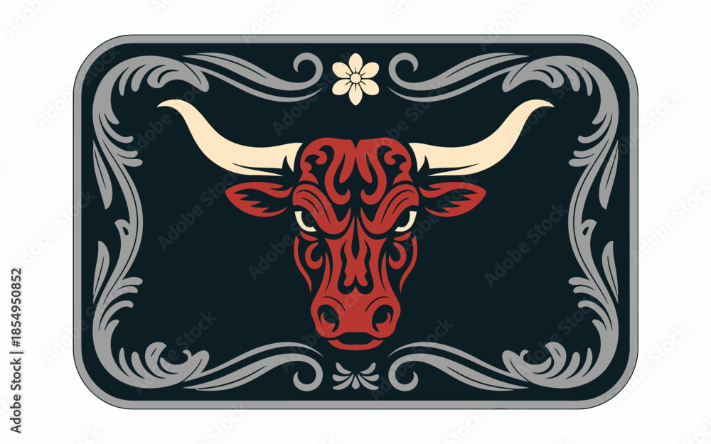Obraz premium Decorative Silver Western Belt Buckle with Longhorn Bull Skull Centerpiece and Elegant Flower Patterns Embossed Metal Emblem of American Frontier Spirit and Cowboy Fashion