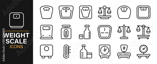 Body weight scale and health monitoring vector line icons