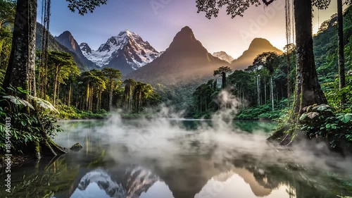 Experiencing a Serene Mountain Valley Morning in Misty Forest Landscape