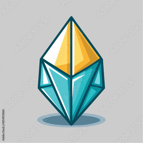 Stylized diamond shape with gold and blue facets on a gray background.