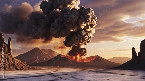 erupting volcanic landscape with dark ash clouds and flowing lava
