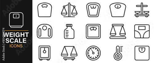 Fitness, BMI and body measurement line icons on dark background