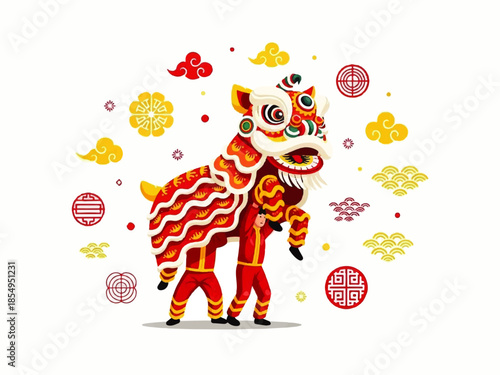 Vector flat design illustration of a vibrant lion dance performance with intricate red and gold patterns surrounded by festive decorations on a white background.