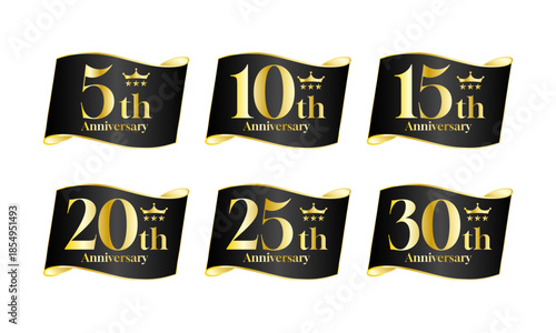 5周年から30周年までの高級感ある周年記念リボンセット｜アニバーサリー,記念,バナー,ブラック,ゴールド