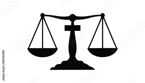A black silhouette of a balance scale on a white background symbolizing justice and equality in law and order