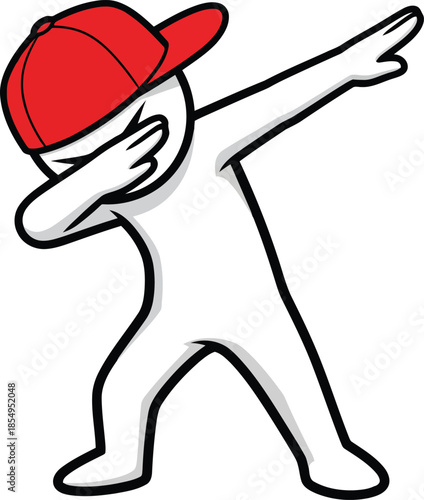 A cartoon character wearing a red baseball cap dabbing with one hand covering face and other arm extended outward isolated on