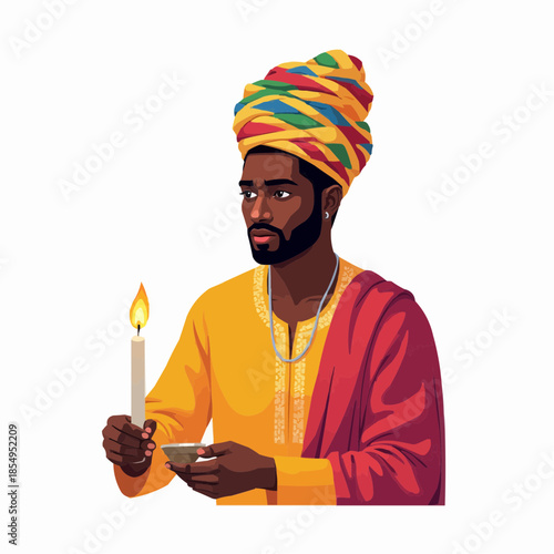 Man in dashiki lighting candle with warm glow on face, Concept of Kwanzaa celebration  