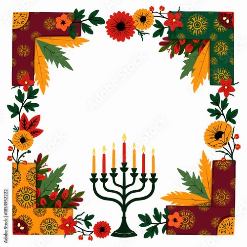 Colorful floral frame with menorah and candles for Kwanzaa celebration  