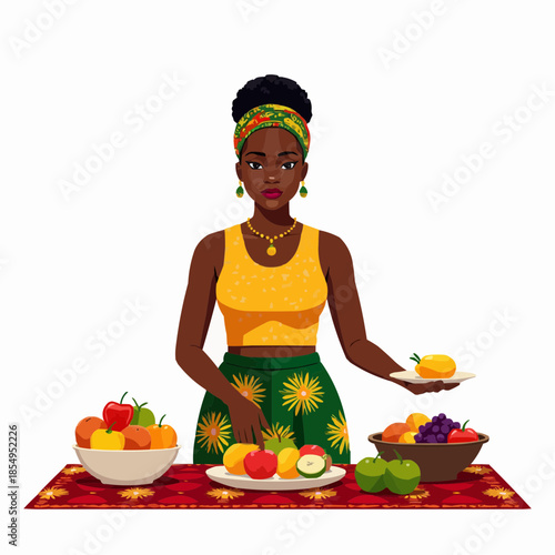 African woman in kente arranging fruits on patterned tablecloth for Kwanzaa celebration  