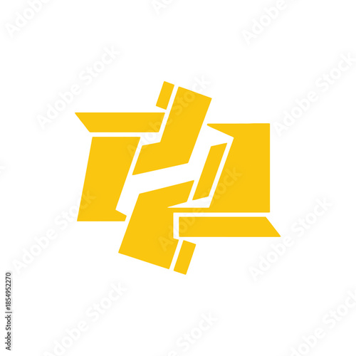 Modern geometric logo design with bold yellow shapes on a white background, viewed from a straightforward perspective
