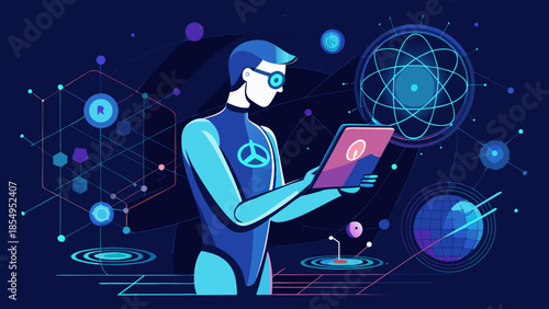 A futuristic illustration depicts a man using a tablet amidst a complex network of digital connections and