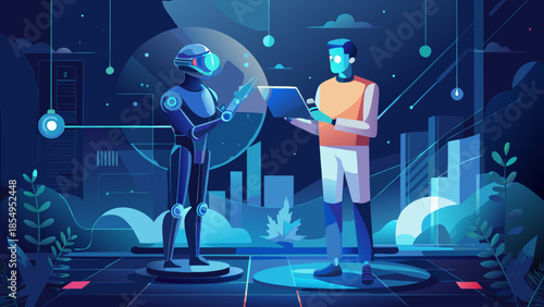 A futuristic scene depicts a man and a robot collaborating on digital data within a modern glowing