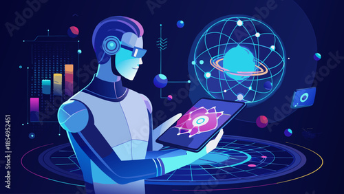 a futuristic man examines complex data visualizations and a holographic planet on a digital tablet