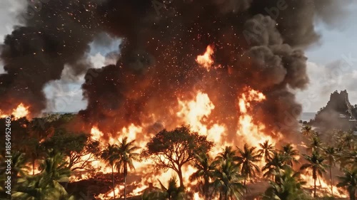 Observing a dramatic coastal wildfire with smoke and flames amid palm trees by the shore
