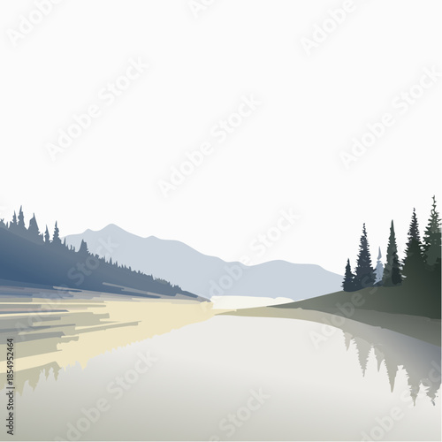 Vector illustration of a serene lake surrounded by mountains and trees, reflecting the landscape in its calm waters.