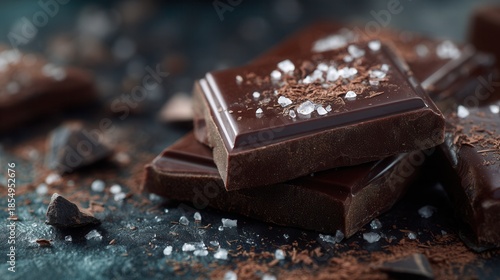 Close-up of rich dark chocolate pieces topped with sea salt crystals and cocoa shavings on a textured surface, ultra-detailed macro food photography, deep brown tones, glossy chocolate texture
