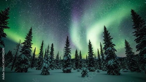 Experiencing a Night Sky Aurora Over Snowy Forest