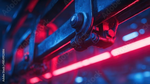Metal clamp gripping illuminated beams of red and blue light in a futuristic industrial concept, high-tech machinery, glowing neon reflections, dynamic lighting, sharp metallic textures