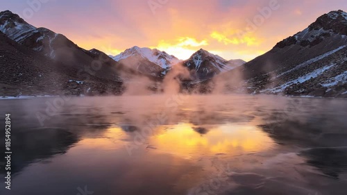 Experiencing a serene mountain lake at sunrise with mist rising and snowy peaks