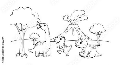 Dinosaurs near an active volcano Vector, illustration