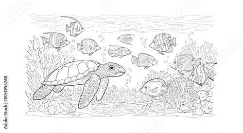 Sea turtle and school of fish in coral reef Vector, illustration