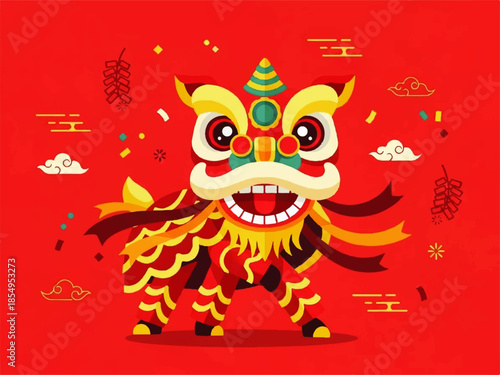 A vibrant Vector Flat Design Ilustration of a lion dance creature with festive decorations on a red background, conveying a lively cultural celebration atmosphere.