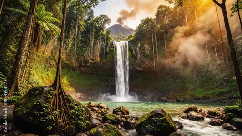 Experiencing a Serene Forest Waterfall in a Lush Tropical Landscape