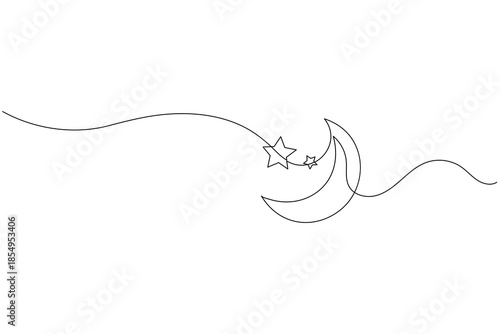 Minimalist Line Art Illustration of Crescent Moon and Stars on White Background