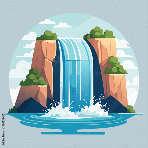 Cartoon illustration of a waterfall cascading over rocky cliffs into a pool of water.