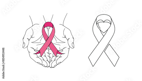 Breast cancer awareness ribbons on human skull and a solo ribbon