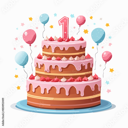 A three-tiered birthday cake with pink frosting, balloons, and the number 1 on top.