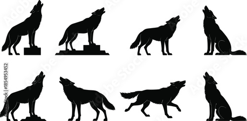 Set of black silhouettes showing howling wolves in various poses and standing positions isolated on a white background vector