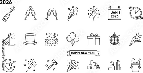 New Year's Eve Celebration Icons and Symbols - 2026 Party Graphics