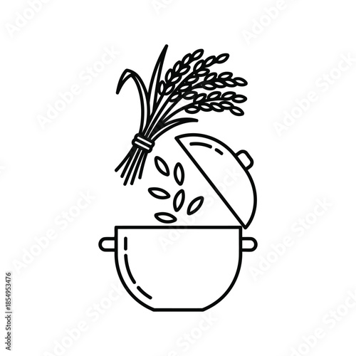 A black and white illustration of a pot with rice