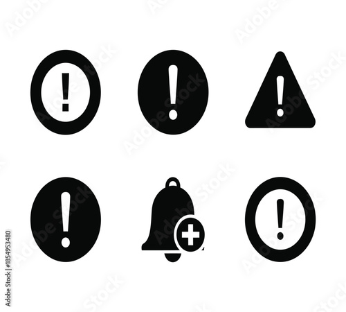 A collection of black and white warning and notification symbols including exclamation marks a triangle and a bell