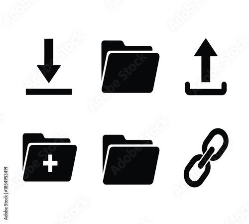A collection of simple black icons representing file management tasks like download upload and linking