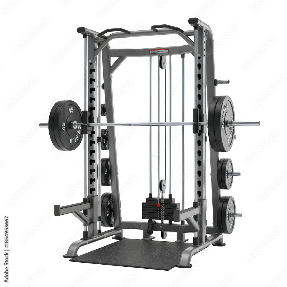 Fototapeta premium Smith machine with barbell and weight plates in gym equipment weightlifting