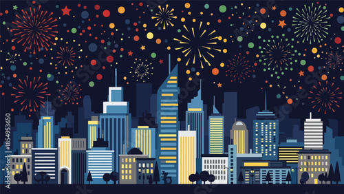 Modern flat vector illustration of New Year fireworks over city skyline at midnight, urban celebration scene with solid colors, ideal for banners, posters, websites
