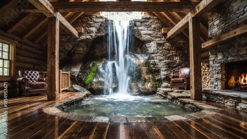 Relaxing Indoor Waterfall Spa Set in Rustic Wood Cabin